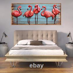 Contemporary painting of a pink flamingos standing on a beach with the ocean Art