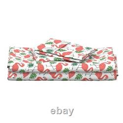 Coral Flamingo Palm Leaves Bright Birds 100% Cotton Sateen Sheet Set by Roostery