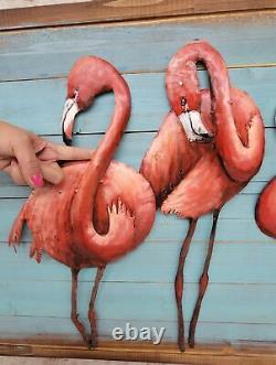 EUROPEAN FINERY ORIGINAL ART OIL PAINTING Pink Flamingos Wildlife Birds Beach NR