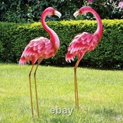 Flamboyant Pair Of Positively Pink Flamingo Metal Garden Sculptures