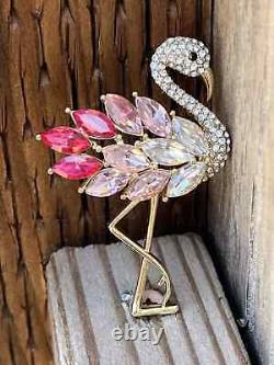 Flamingo Birds Brooch Pin 2 Ct Marquise Simulated Ruby 14K Yellow Gold Plated