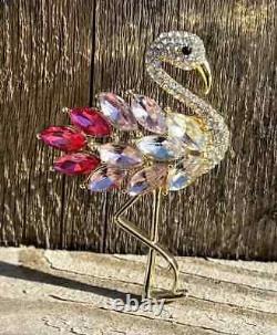 Flamingo Birds Brooch Pin 2 Ct Marquise Simulated Ruby 14K Yellow Gold Plated