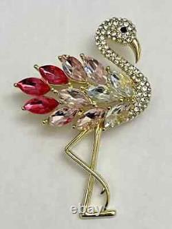 Flamingo Birds Brooch Pin 2 Ct Marquise Simulated Ruby 14K Yellow Gold Plated