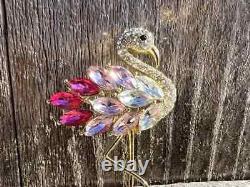 Flamingo Birds Brooch Pin 2 Ct Marquise Simulated Ruby 14K Yellow Gold Plated