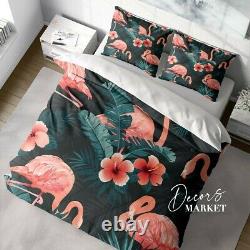 Flamingo Leaves Animals Birds Pink Doona Cover Set With Zipper And Pillow Cover