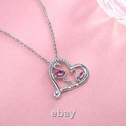 Flamingo Necklace Pink CZ Bird Love Heart Pendant 925 Sterling Silver Jewelry