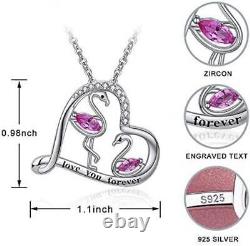 Flamingo Necklace Pink CZ Bird Love Heart Pendant 925 Sterling Silver Jewelry