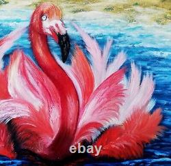 Flamingo Oil Painting Original -Pink Bird Impressionism Art Signed