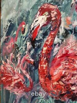 Flamingo Pink Birds Abstract Love Art Original Oil Painting Artist Svinar Oksana