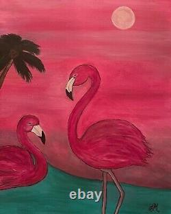 Flamingos acrylic painting original by artist 11x14in