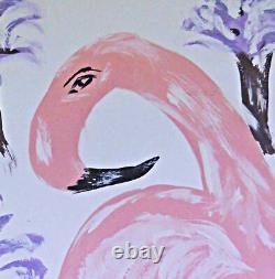 Folk Outsider Original Painting Pink Flamingo Purple Palm Trees Tropical Simon