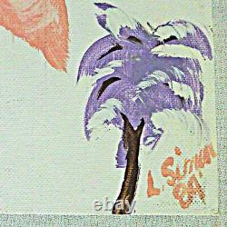 Folk Outsider Original Painting Pink Flamingo Purple Palm Trees Tropical Simon