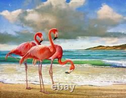 Framed canvas art print giclée or poster pink flamingo beach ocean view