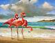 Framed Canvas Art Print Giclée Or Poster Pink Flamingo Beach Ocean View