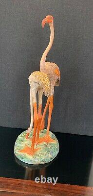 Hand Painted Delicate Hollywood Regency Signed Italian Ceramic Pink Flamingos