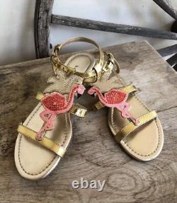 KATE SPADE Cute Gold Leather Pink Flamingo Flat Sandals 5.5M Very Rare! NEW