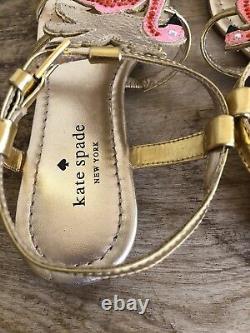 KATE SPADE Cute Gold Leather Pink Flamingo Flat Sandals 5.5M Very Rare! NEW