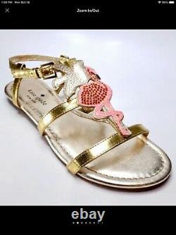 KATE SPADE Gold Leather Pink Flamingo Sandals Size 6.5 Brand New Gorgeous
