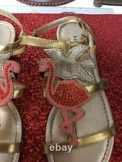 KATE SPADE Gold Leather Pink Flamingo TAMMY Sandals Very Rare! 7.5 EUC