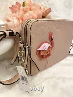 Kate Spade Flamingo camera Bag, strawithleather appliqué Double zip Pink