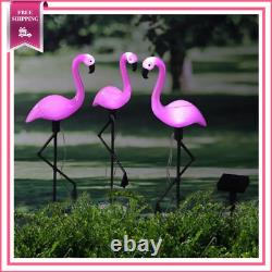 LED 3pcs Pink Flamingo Solar Powered Garden Ornament Light-up Waterproof Statue