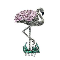 Large Sterling Silver Flamingo Pink Bird Pin with Pink CZ, Marcasite & Enamel