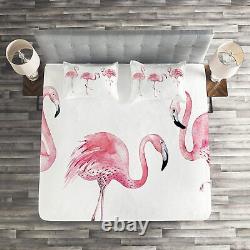 Lunarable Pink Flamingo Coverlet Set King Size, Exotic Birds Watercolors Nature