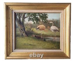 MASSIA BIBIKOFF Landscape with Flamingos Realism Oil Painting Circa 1920