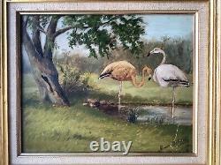 MASSIA BIBIKOFF Landscape with Flamingos Realism Oil Painting Circa 1920