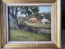 MASSIA BIBIKOFF Landscape with Flamingos Realism Oil Painting Circa 1920