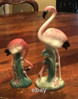MCM Set of 2 Flamingo Vintage Bird Figurines Pottery Pink 10 & 6 USA