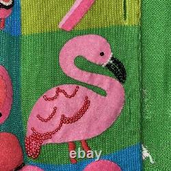Michael Simon Cardigan Sweater L Pink Flamingo Patchwork Beaded Colorful Crop