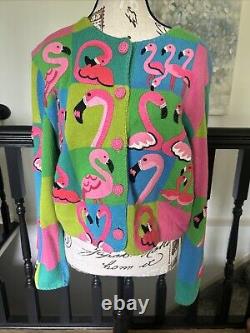 Michael Simon Flamingo Cardigan Button Front Sweater Pearl Embellished Size P/M