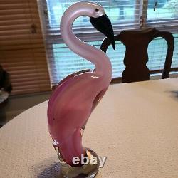 Murano Art Glass Large Pink Flamingo Bird On Clear Ball Base