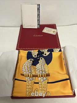 Must de Cartier Scarf Bird Parrot jeweled Yellow Silk Foulard Authentic In Box