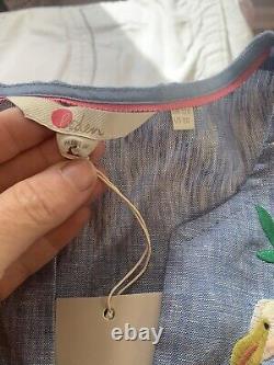 NWT Boden Grey Blue Chambray Embroidered Flamingos, Flowers, Limes Linen Dress 8R