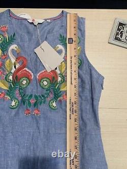 NWT Boden Grey Blue Chambray Embroidered Flamingos, Flowers, Limes Linen Dress 8R