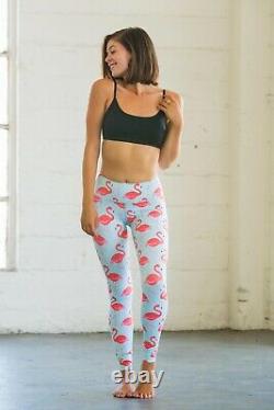 NWT Flexi Lexi Women's Blue Pink Flamingo Print High Rise Yoga Leggings Sz M