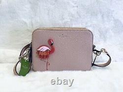 NWT Kate Spade Flamingo crossbody Bag, strawithleather appliqué Double zip Pink
