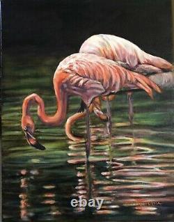 ORIGINAL OIL Painting Flamingo Birds Reflections 14 X 18 Signed By Artist