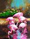 Oil Painting On Canvas Original Hand Made Art With Pink Flamingos In Water