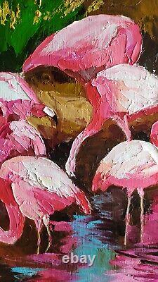 Oil painting on canvas original hand made art with pink flamingos in water