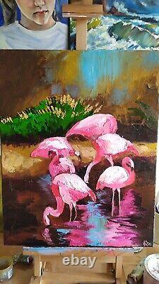 Oil painting on canvas original hand made art with pink flamingos in water