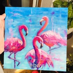 Original Flamingo Oil Painting Decor Wall Art pink tropical beach gift Birds