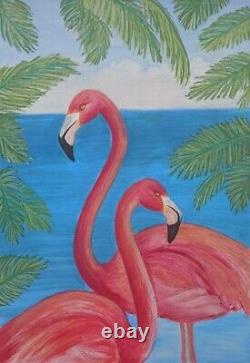 Original Painting Couple Pink Flamingo Tropical Bird Art drawing 11.5x16 inches