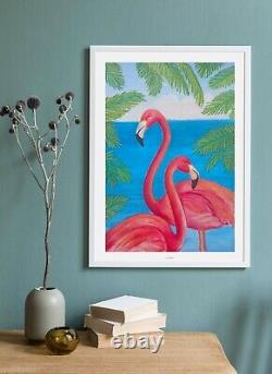 Original Painting Couple Pink Flamingo Tropical Bird Art drawing 11.5x16 inches