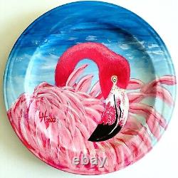 Original Pink Flamingo Hand Painted Ceramic Plate Art Tristina Dietz Elmes