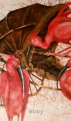 Original art animal red birds painting figurative decorative realism home decor