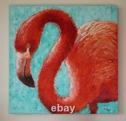 Original oil painting on box canvas. Pink flamingo. 20''x20'