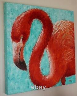 Original oil painting on canvas. Pink flamingo. 20''x20'